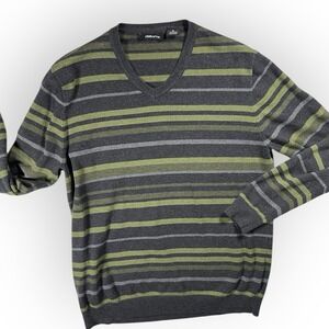 Claiborne Mens Sweater Long Sleeve Sz M Pullover Green Striped V Neck Casual